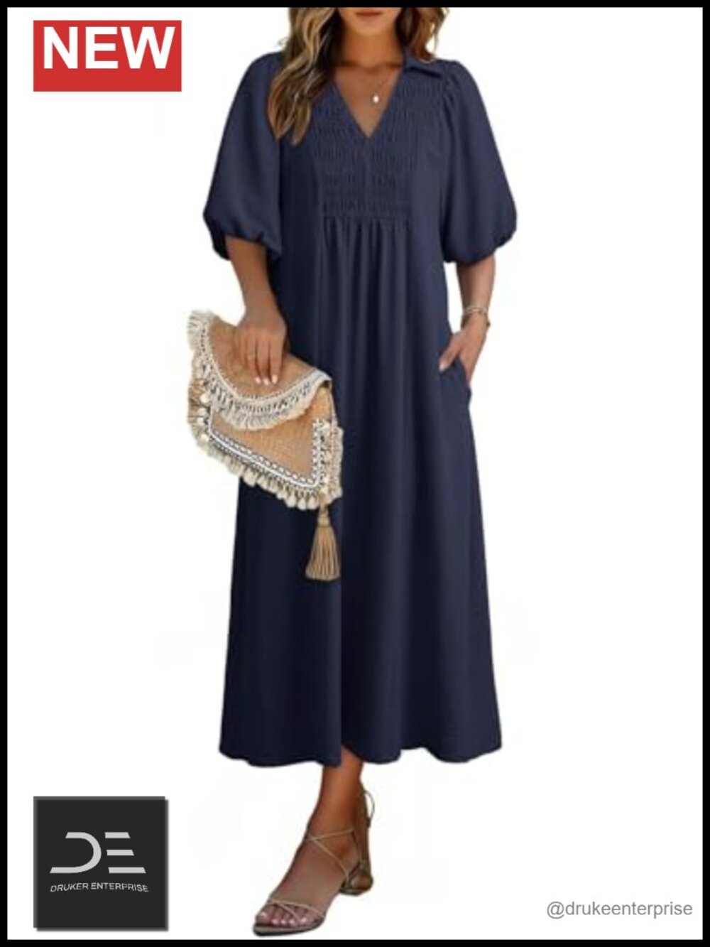 Summer Maxi Dress Puff Sleeve V Neck A-Line Empire Waist Flowy